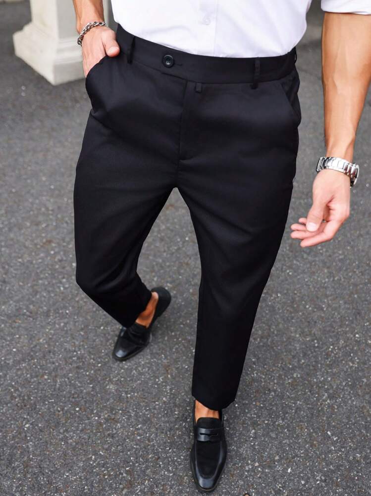 Manfinity Mode Men's Casual Solid Color Tapered Dress Pants - Black - View 4