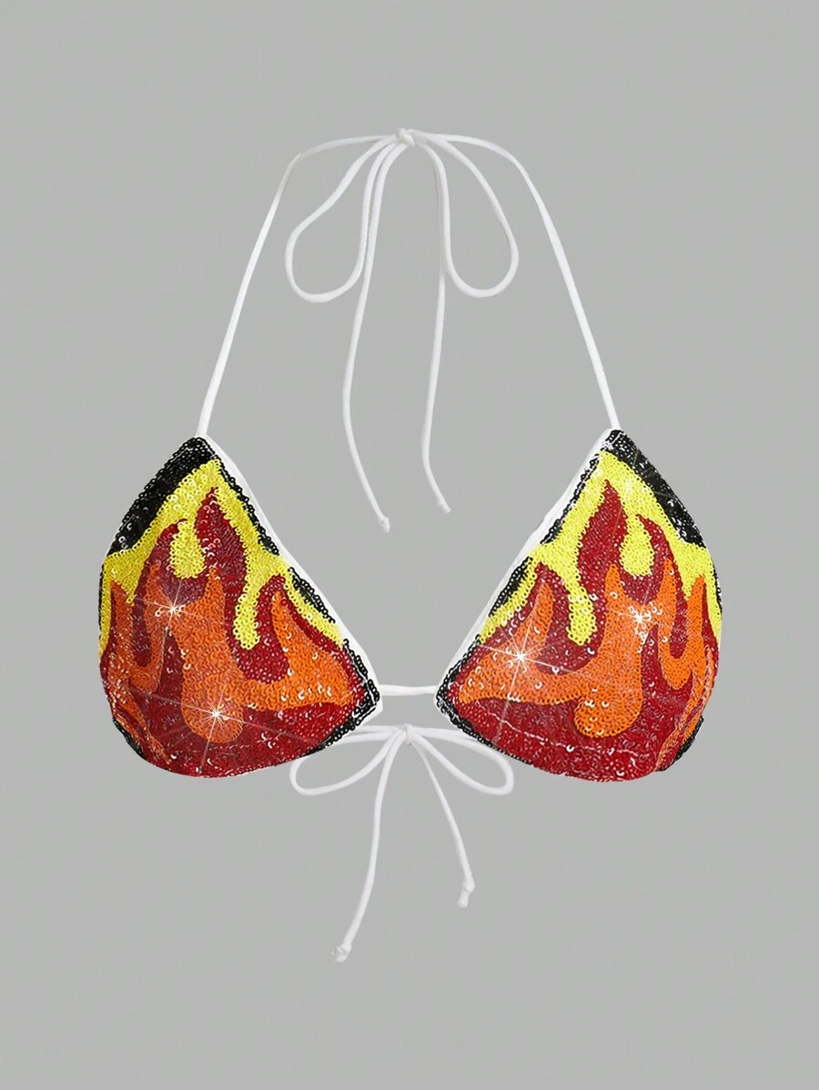 SHEIN ICON Women's Y2k  Music Festival Rave Country Concert Summer Sequin Flame Pattern Beaded Neck Strap Bikini Top - White - View 1