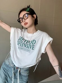 女士夏季短袖白色T恤，字母印花，圆领，宽松版型，配有抽绳细节，休闲百搭。 - 白色 - 查看 7