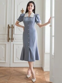 DAZY Váy ngắn tay màu trơn thời trang có viền tương phản cho nữ - Màu xanh lam - Xem 4