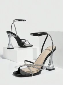 Cuccoo Women's Fashionable High-heeled Sandals With Unique Heel & Rhinestone Decor & Open Toe - Black - View 5