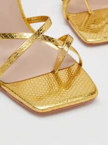 CUCCOO SZL 女性蛇皮壓花細高跟涼鞋,魅力四射金色綁帶涼鞋 - 金色 - 查看 4