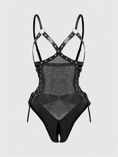 Grunge Punk Sexy Punk Style Chicken Eye Bind Rope Open Crotch PU Leather Bodysuit