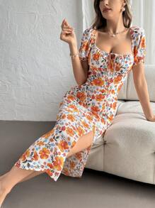 SHEIN Privé Allover Floral Knot Split Thigh A-Line Dress - Orange - View 3