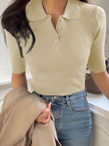 DAZY Women Half-Placket Polo Neck Knit Sweater With 3/4 Sleeves - Apricot - View 1