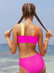 SHEIN Conjunto de bikini sin aros de bloques de color para adolescente, conjunto de bikini para playa y ocio en verano, playa de verano