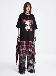 ROMWE Grunge Punk Women Red Plaid Asymmetrical Hem Layered Midi Skirt, Perfect For Punk Rock Style - Multicolor - View 2