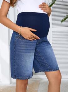 SHEIN Maternity Elastic Patchwork Denim Shorts For Daily Wear, Spring And Summer - Medium Wash - View 6