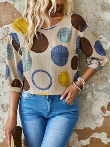 EMERY ROSE Women Geometric Print Loose Dolman Sleeve Round Neck Casual Blouse For Daily Wear