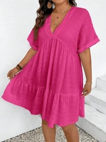 SHEIN Frenchy Plus Size Holiday Casual Solid Color Textured Batwing Sleeve Babydoll Dress