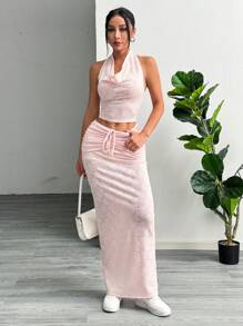 Flirla Women Summer Halter Neck Sleeveless Top With Drawstring Waist Long Skirt 2pcs Casual Set