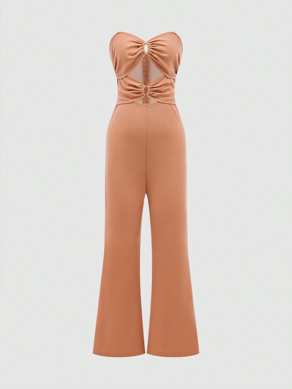 Flirla Women's Summer Solid Color Hollow-Out Ruched Strapless Jumpsuit