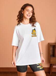 GARFIELD X SHEIN Women Casual Cartoon And Letter Printed Graphic Oversized Drop Shoulder White Summer T-Shirt With CHOMP SLURP GOBBLE NARFGULP Pattern, Unisex