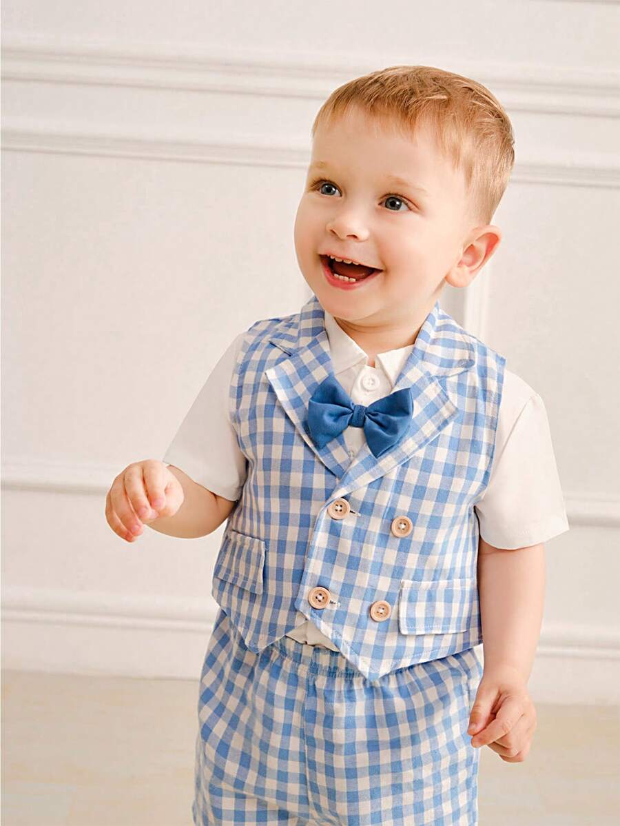 SHEIN Baby Boy Bow Tie Shirt Vest Shorts Gentleman Suit Spring And Summer Elegant Academy Style - Baby Blue - View 1