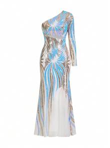 SHEIN Belle 华丽优雅高贵定位亮片蓝色细闪粉拼接网眼单肩长袖透视细节下摆拼接网眼鱼尾形重工宴会礼服女士编码晚礼服适合华丽的晚会、鸡尾酒会、婚礼、返校季、母亲节、音乐节、毕业季、派对女士晚礼服