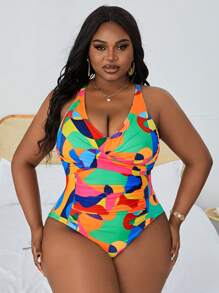 SHEIN Slayr CURVE Plus Size Bãi biển mùa hè Áo tắm một mảnh in đầy màu sắc - Nhiều màu - Xem 4