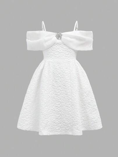 SHEIN Girlism 女童意大利平紋無袖晚禮服,鏤空蝴蝶結裝飾,無肩帶設計