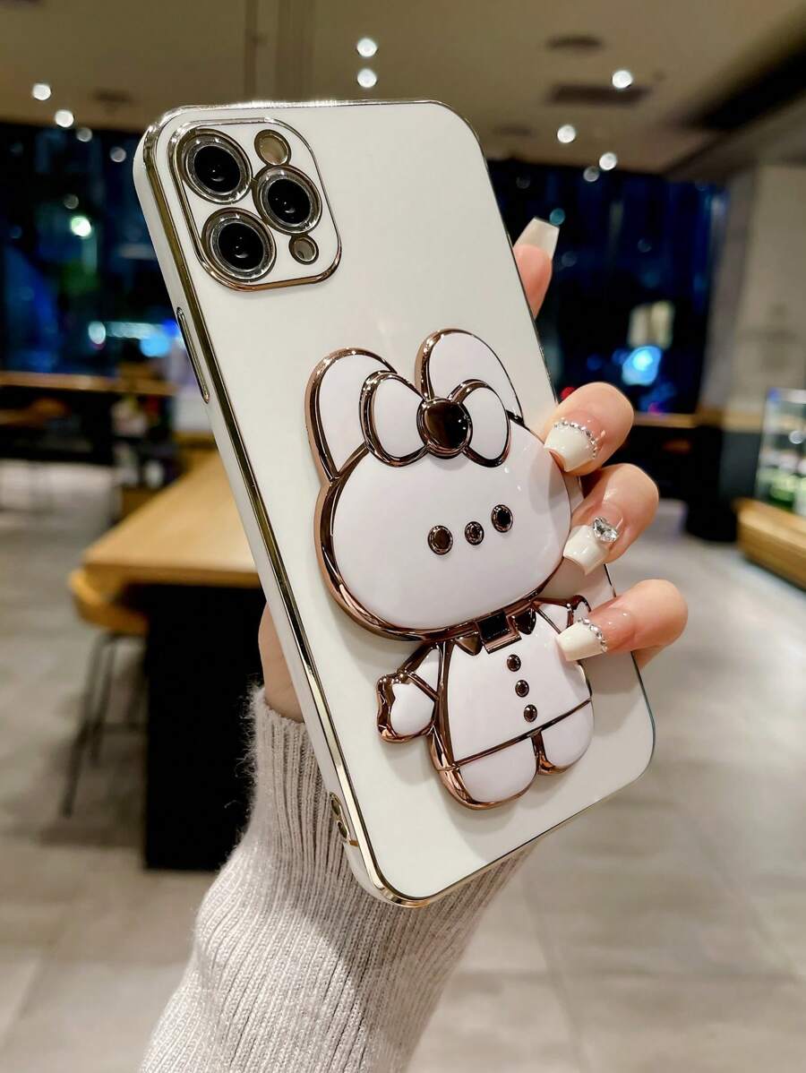 1pc Electroplated TPU Cartoon Rabbit Phone Holder Case, Compatible With Apple/Android/ Phones - White - View 1
