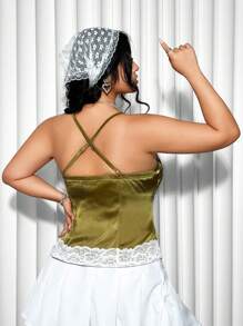 SHEIN ICON Plus Size Summer Cross Strap Lace Top With Bowknot Decoration - Green - View 6