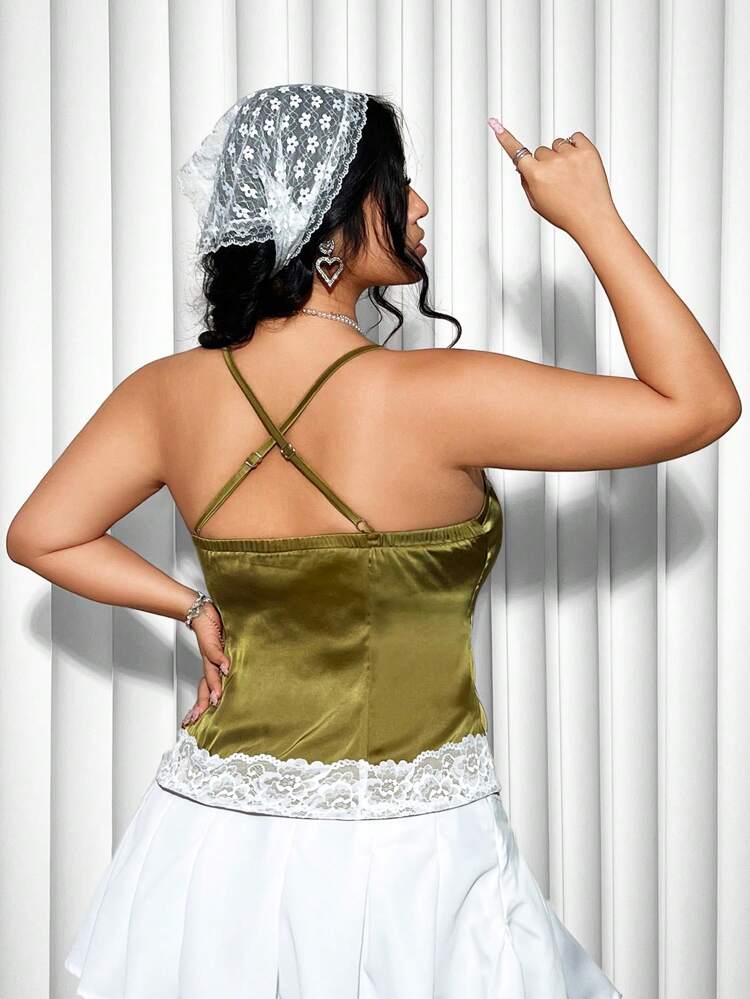 Plus Size Summer Cross Strap Lace Top With Bowknot Decoration