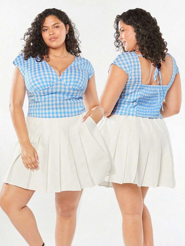 Vintage College Style Plus Size Women Plaid V-Neck Cap Sleeve Top For Summer