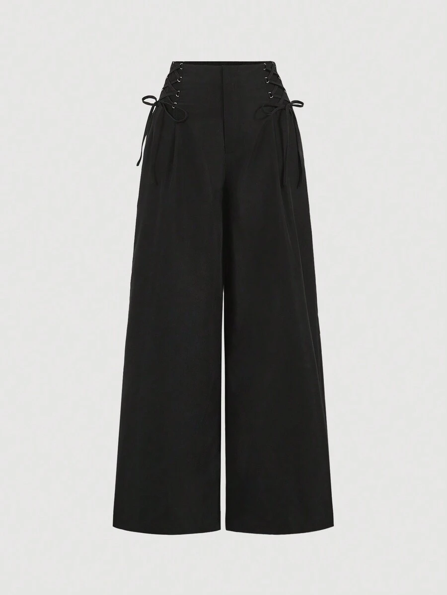 SHEIN MOD Pantalones negros rectos para mujer con estampado en la parte trasera con lazo delantero y trasero - Negro - Ver 1
