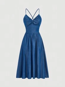 SHEIN MOD Summer Denim Effect Cutout Strappy Dress - Blue - View 1
