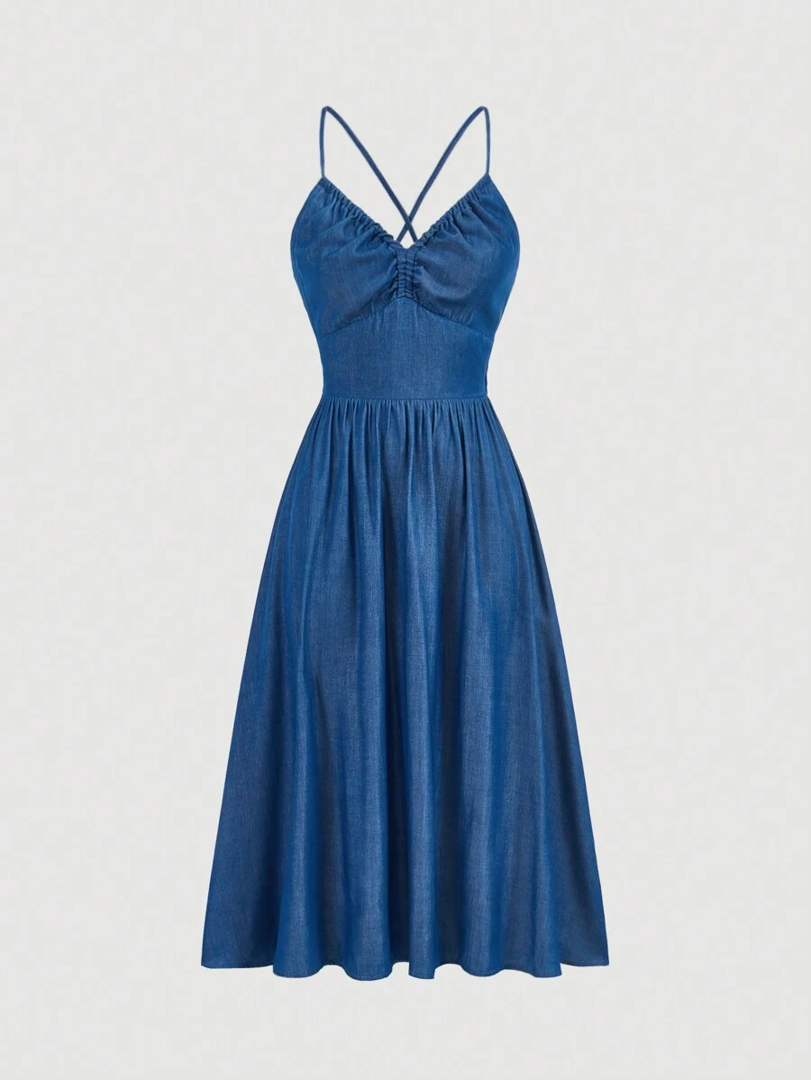 SHEIN MOD Summer Denim Effect Cutout Strappy Dress - Blue - View 1