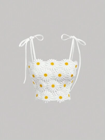 SHEIN MOD 女士夏季雛菊花鍊花網紗背心上衣