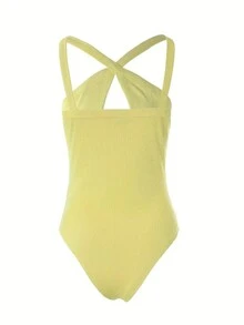 ChicMe Women's Sleeveless Halter Neck Vest Fitted Knit Tank Top Basic Layering Piece For Casual And Chic Outfits Bodysuit - Yellow - View 3