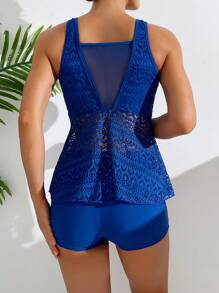 SHEIN Swim Áo yếm ren màu trơn dành cho nữ có viền xếp nếp và quần đùi boxer Bộ Tankini, Bãi biển mùa hè - Màu xanh lam - Xem 2