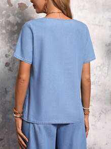 EMERY ROSE Solid Color Square Neck Short Sleeve Denim Top For Summer