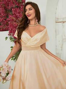 SHEIN Belle Elegant Solid Color Off Shoulder Cinched Waist Flare Dress For Spring And Summer, Semi Formal Dress - Champagne - View 4