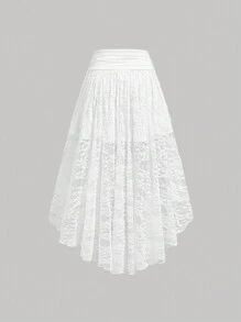 SHEIN MOD Summer White Lace Textured High Waist 3D Floral Decorated Waist Slimming Pleated Skirt - White - View 2