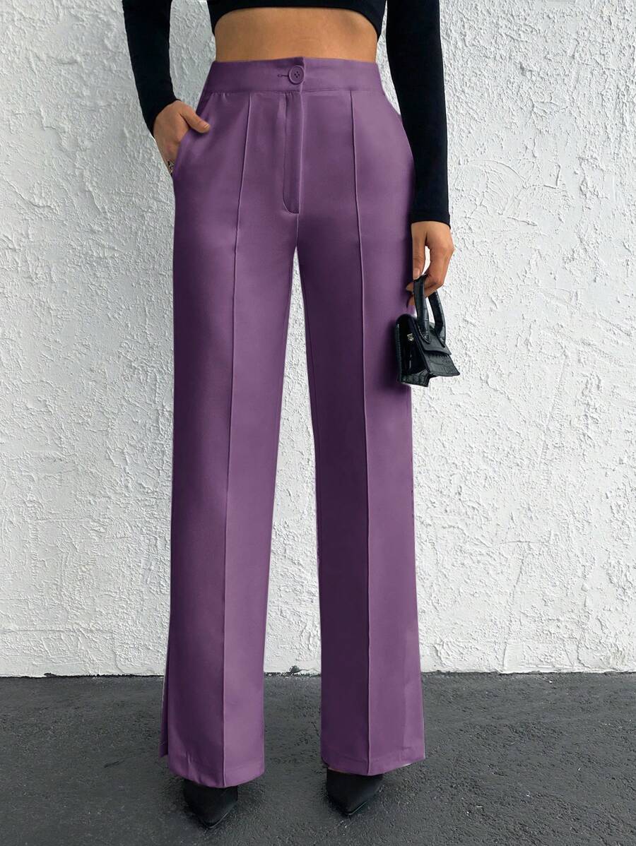 EURMUSE High-waisted Suit Pants With Slanted Pockets And Split Hem - Purple - View 1