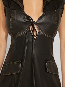 Hauture Tie Front Overlay PU Leather Dress