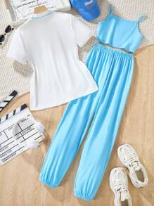 SHEIN Tween Girl Summer Casual Short Sleeve T-Shirt With Letter Print And Solid Color Tank Top With Long Pants Set