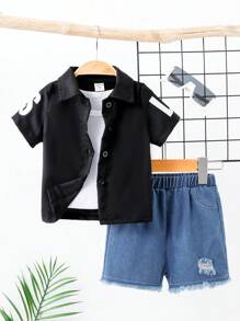 SHEIN 2入組寶寶男孩街頭風格時尚休閒翻領襯衫和短褲套裝，字母印花，適用於春夏 - 彩色 - 查看 1