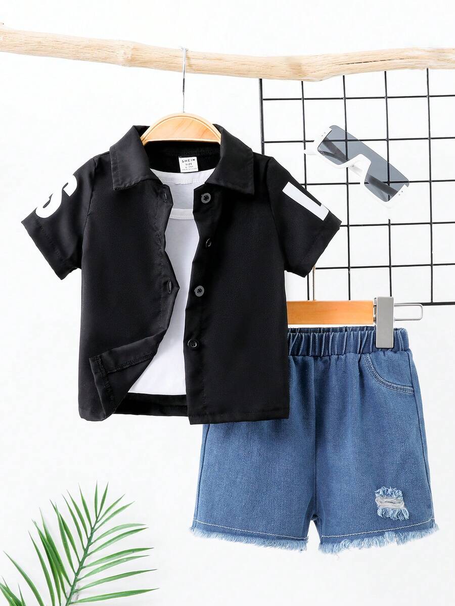 SHEIN 2入組寶寶男孩街頭風格時尚休閒翻領襯衫和短褲套裝，字母印花，適用於春夏 - 彩色 - 查看 1