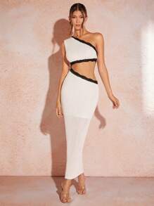 SHEIN BAE 女士緊身中長裙，白色，夏季時尚優雅中空單肩花邊拼接色塊連身裙適合假日 - 白色 - 查看 1