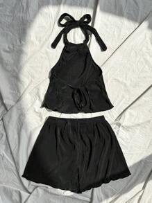 Flirla Conjunto de top halter y pantalones cortos sencillos para mujer