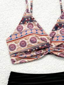 Swim Lushoire Women's Floral Printed Twist Front Bikini Set For Vacations, Random Print Summer