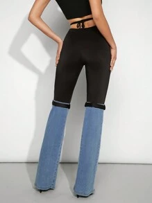 Denimoi 拼色搭扣細節牛仔長褲