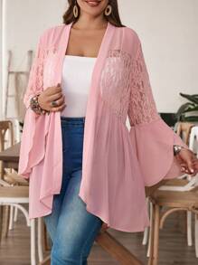 EMERY ROSE Plus Size Women'S Summer Black Cardigan Chiffon And  Lace Splice Ruffle Sleeve Top - Pink - View 3