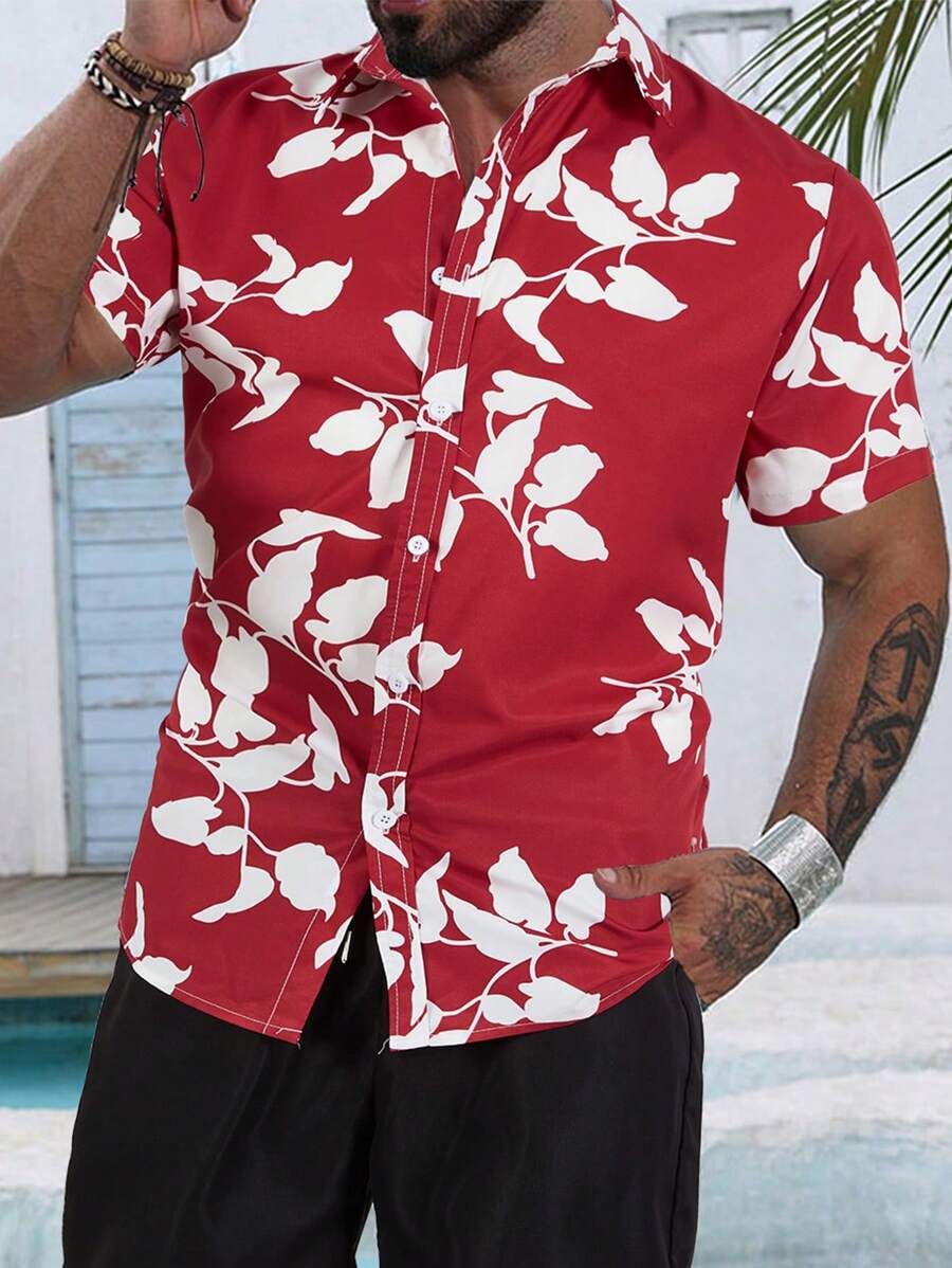 Manfinity RSRT Men Short Sleeve Casual Shirt With Floral Print, Summer - Red and White - View 1