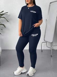SHEIN EZwear 中大碼女士印花短袖上衣和長褲，簡約日常2件套服