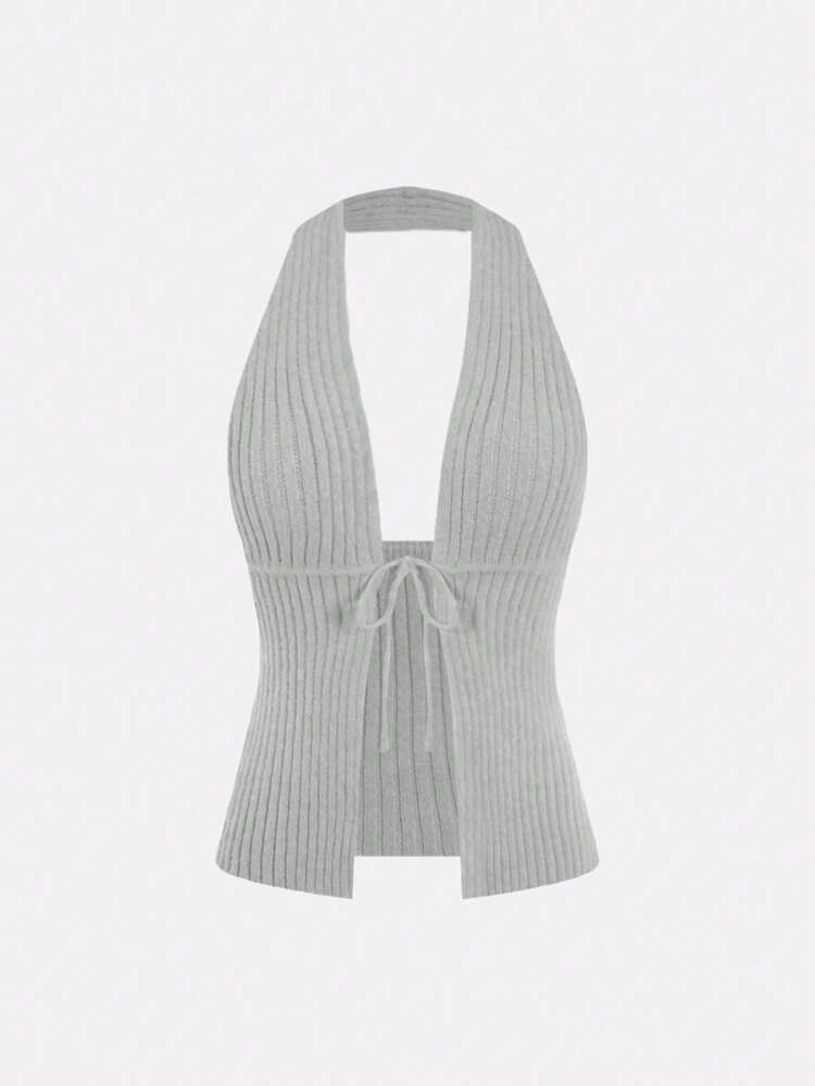 Summer Beach Ribbed Knit Top With Front Tie Backless Design And Halter Neck