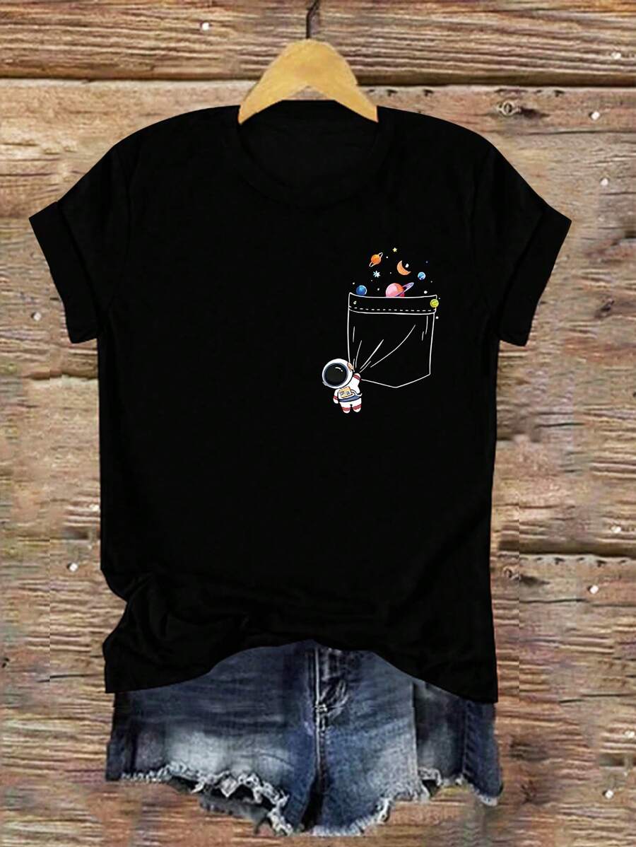 Calvaya Plus Size Women Summer Astronaut Printed Round Neck Short Sleeve Casual T-Shirt Graphic Tees Women Tops