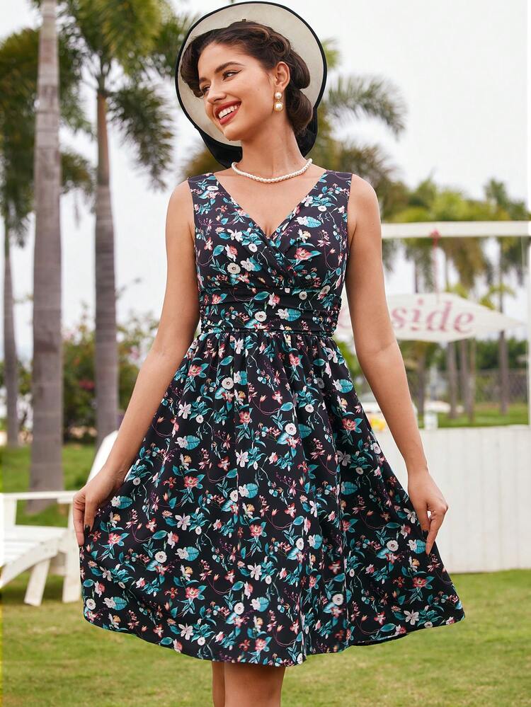 Women's Vintage Black Floral Elegant Summer Dress,Casual Garden Party Holiday Hawaiian Beach Outfits,Ruffle Detail Umbrella-Shaped Hem Cottagecore