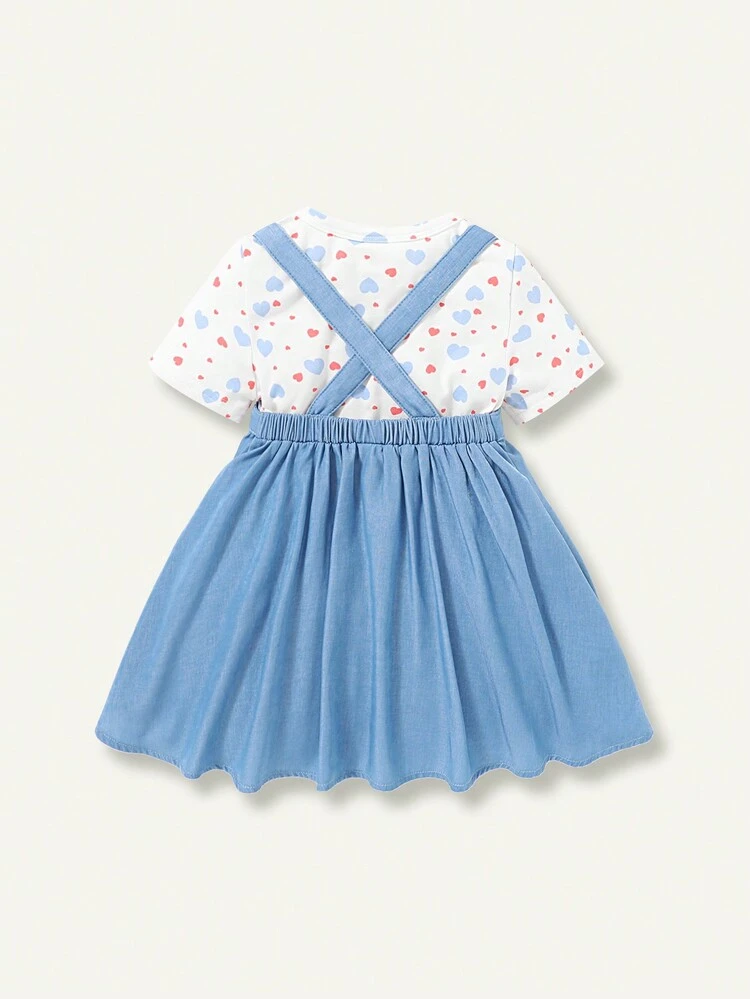 Baby Girl Flower Pattern Knit Soft Round Neck Short Sleeve Top & Suspender Dress 2 Pieces Set